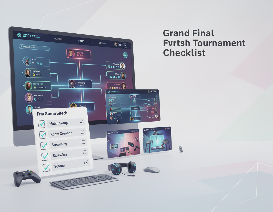Ilustrasi grand final checklist untuk turnamen game online sop777 dengan bracket dan room match
